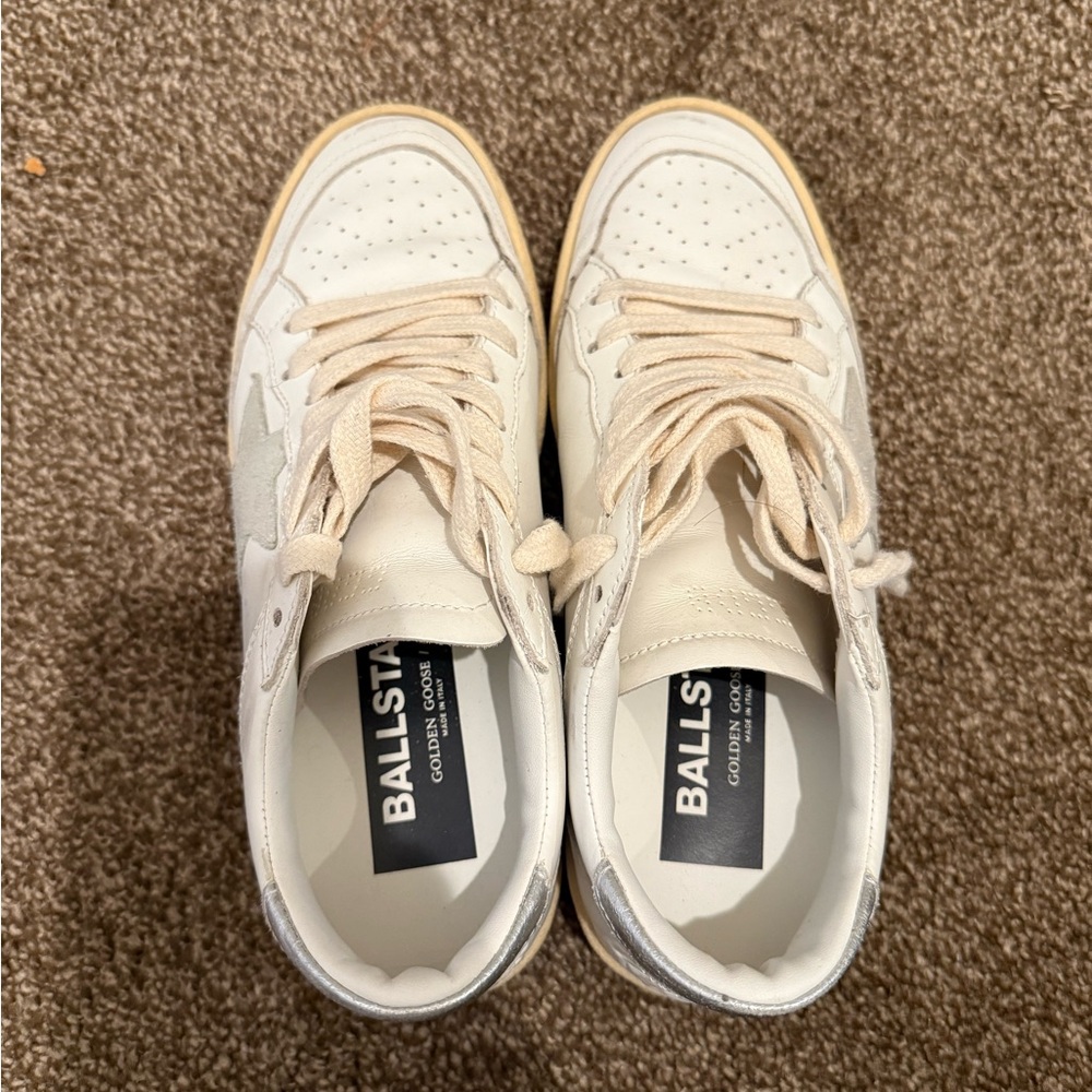 Golden Goose Ballstar Cream Leather Sneakers with Silver Heel